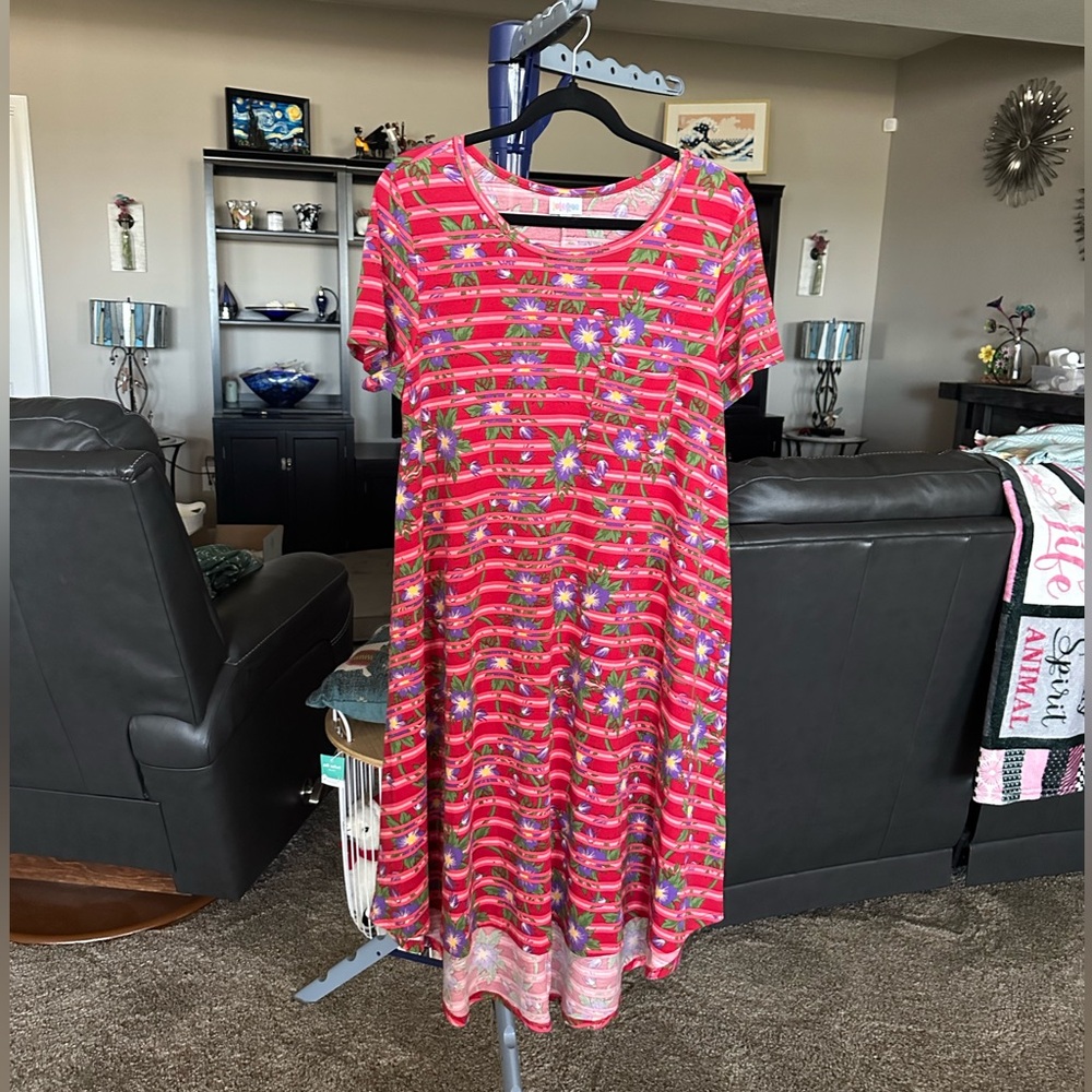 LulaRoe red with purple flowers short sleeve Dress. Size Medium